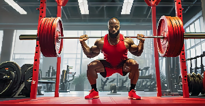 A powerlifter squatting with a barbell in a modern, eco-friendly gym filled with plants and energy-efficient lighting.