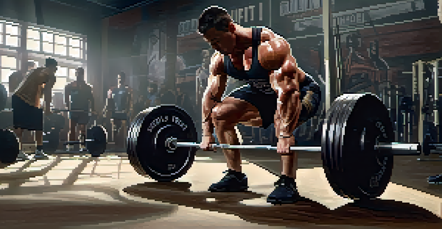 A powerlifter intensely preparing for a deadlift, focusing on the barbell on the floor in a gym setting.