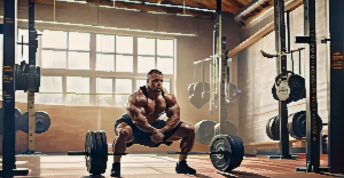 A muscular powerlifter performing a heavy squat in a modern gym, with gym equipment and motivational posters in the background.