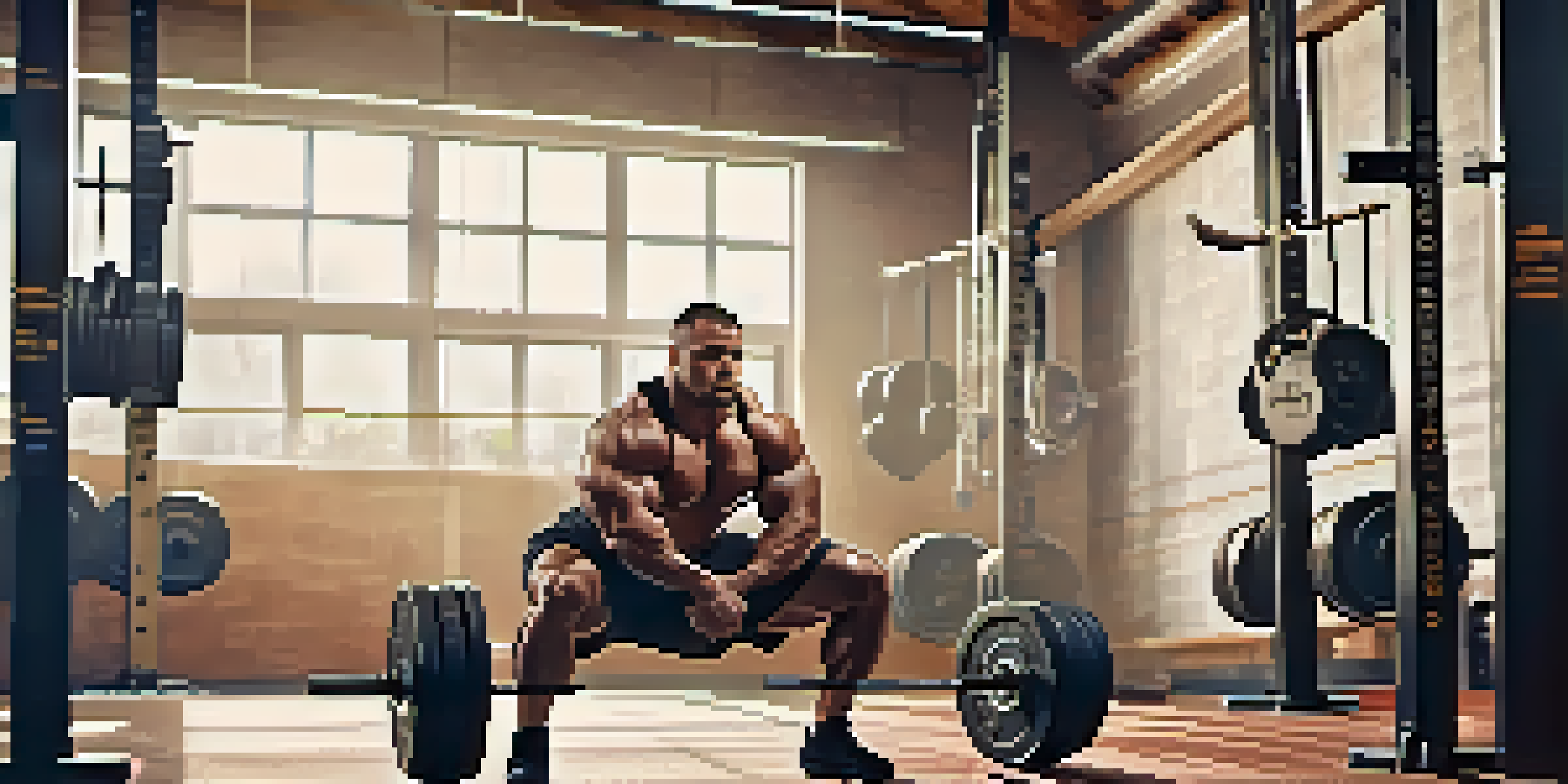 A muscular powerlifter performing a heavy squat in a modern gym, with gym equipment and motivational posters in the background.