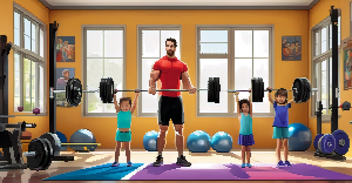 A family training together in a home gym, parents demonstrating lifting techniques while children practice.
