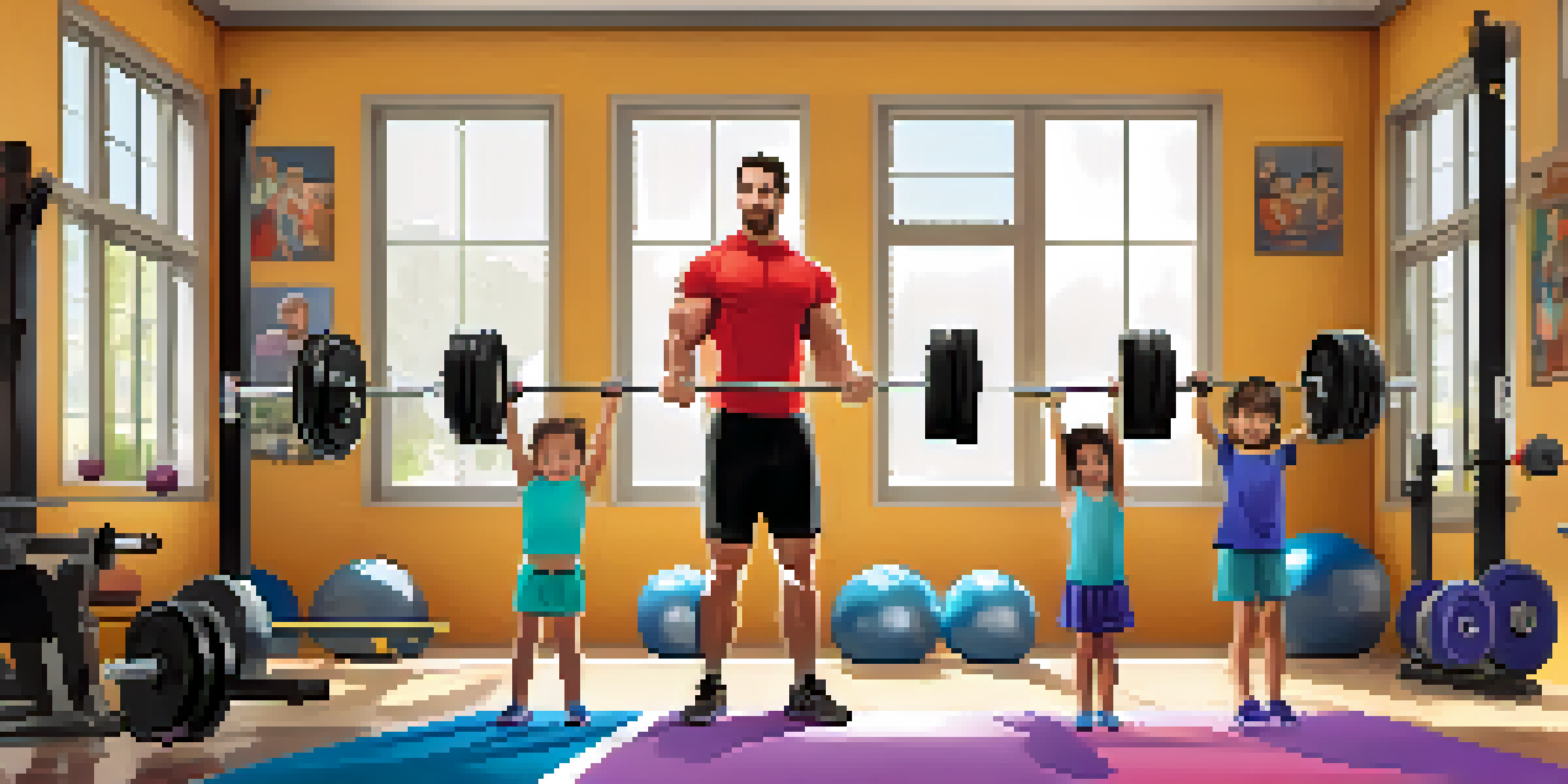 A family training together in a home gym, parents demonstrating lifting techniques while children practice.