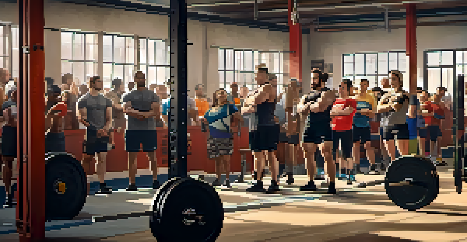 A group of beginner powerlifters in a gym, encouraging each other while lifting weights, highlighting a supportive community.