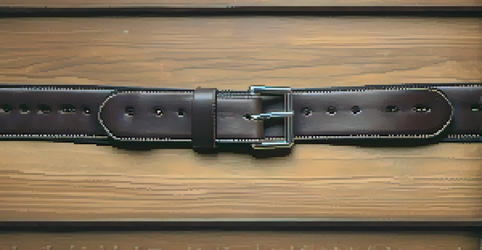 A close-up view of a dark brown leather powerlifting belt on a wooden surface, showcasing its stitching and buckle in soft light.