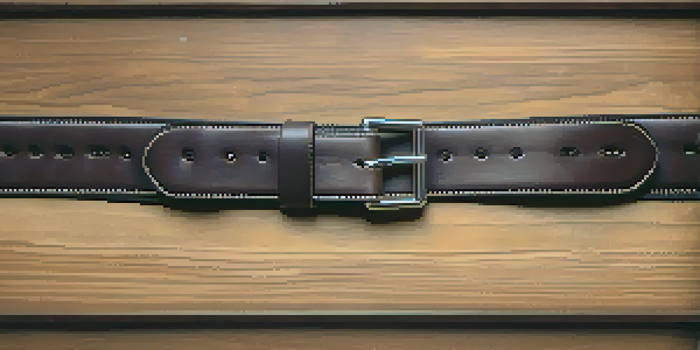 A close-up view of a dark brown leather powerlifting belt on a wooden surface, showcasing its stitching and buckle in soft light.