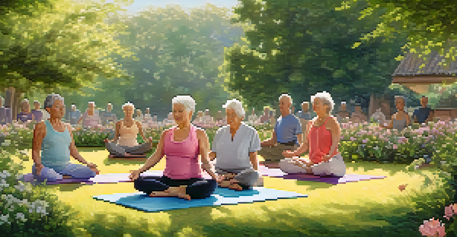 Older adults practicing yoga outdoors in a green setting after a powerlifting session, promoting flexibility and recovery.