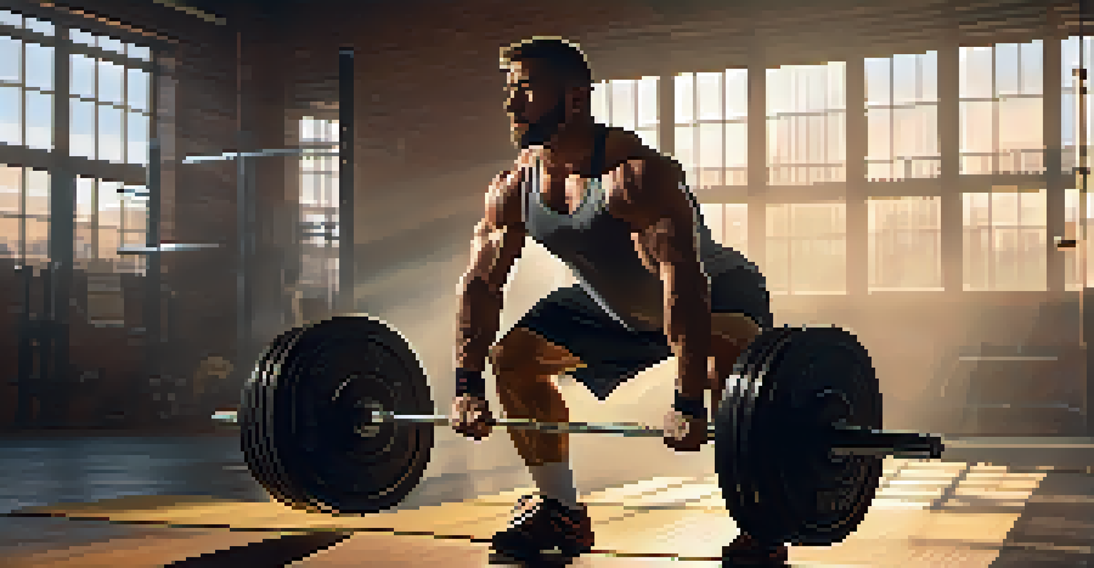 A powerlifter practicing deadlifts in a dimly lit gym at sunset, with warm light enhancing the focused expression and dedication in the atmosphere.