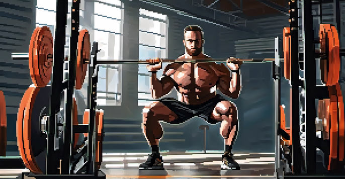 A powerlifter intensely focused on lifting a heavy barbell in a well-lit gym.
