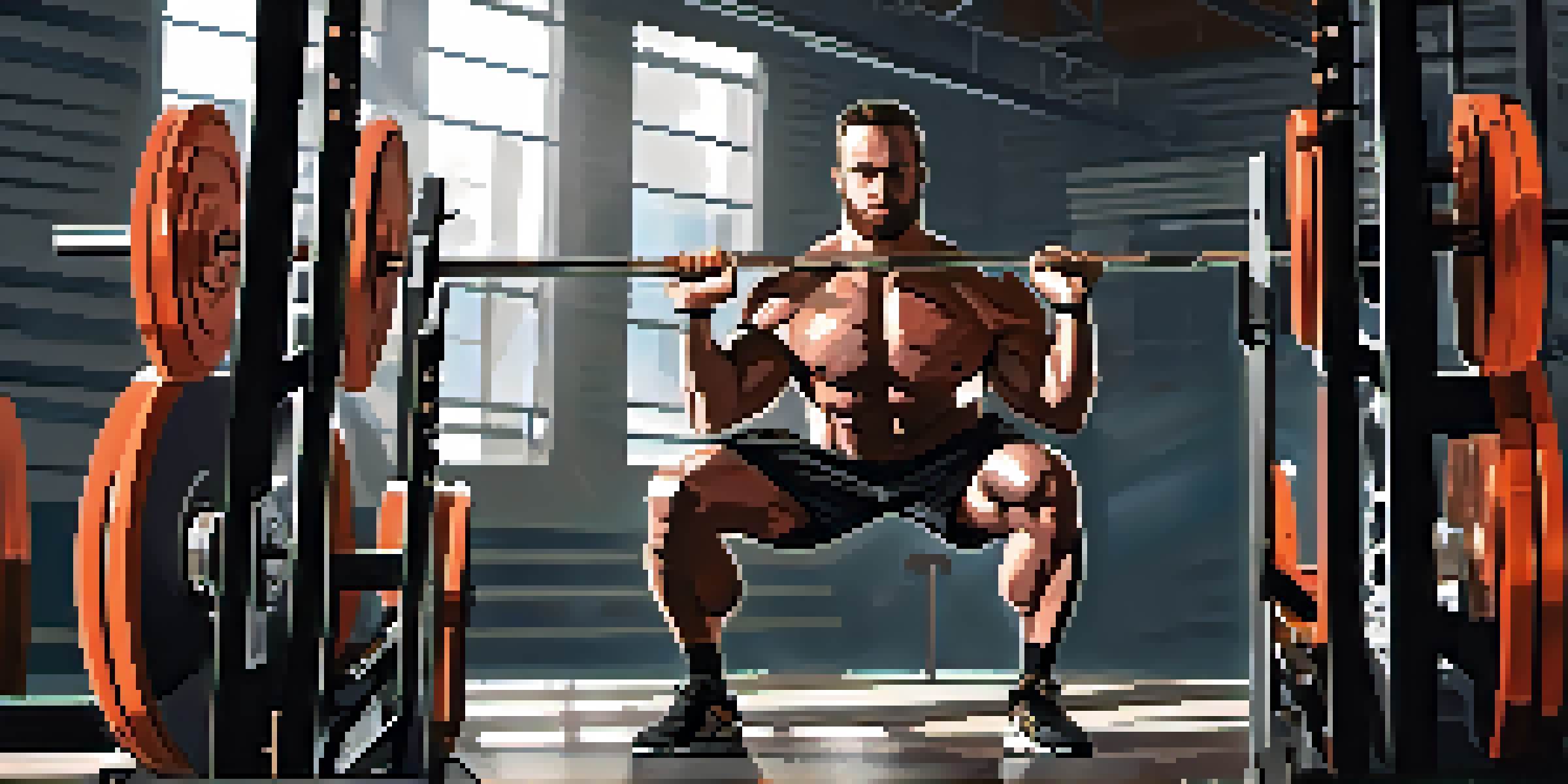 A powerlifter intensely focused on lifting a heavy barbell in a well-lit gym.