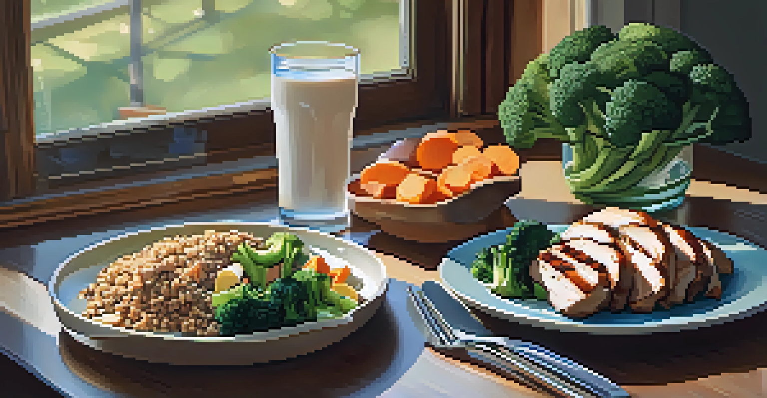 A nutritious post-workout meal featuring grilled chicken, quinoa, broccoli, and sweet potatoes, with a protein shake and water.