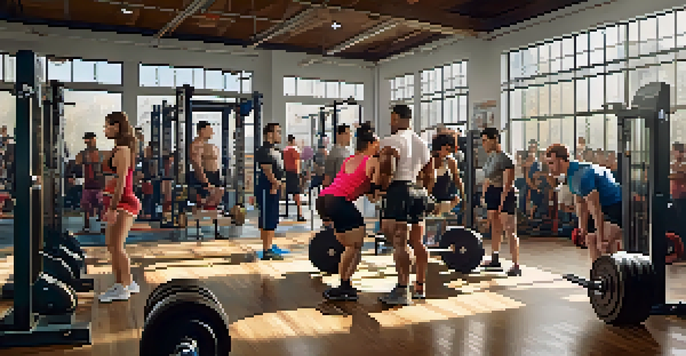A diverse group of individuals in a powerlifting gym performing various lifts, surrounded by weights and motivational posters, with bright natural light illuminating the space.