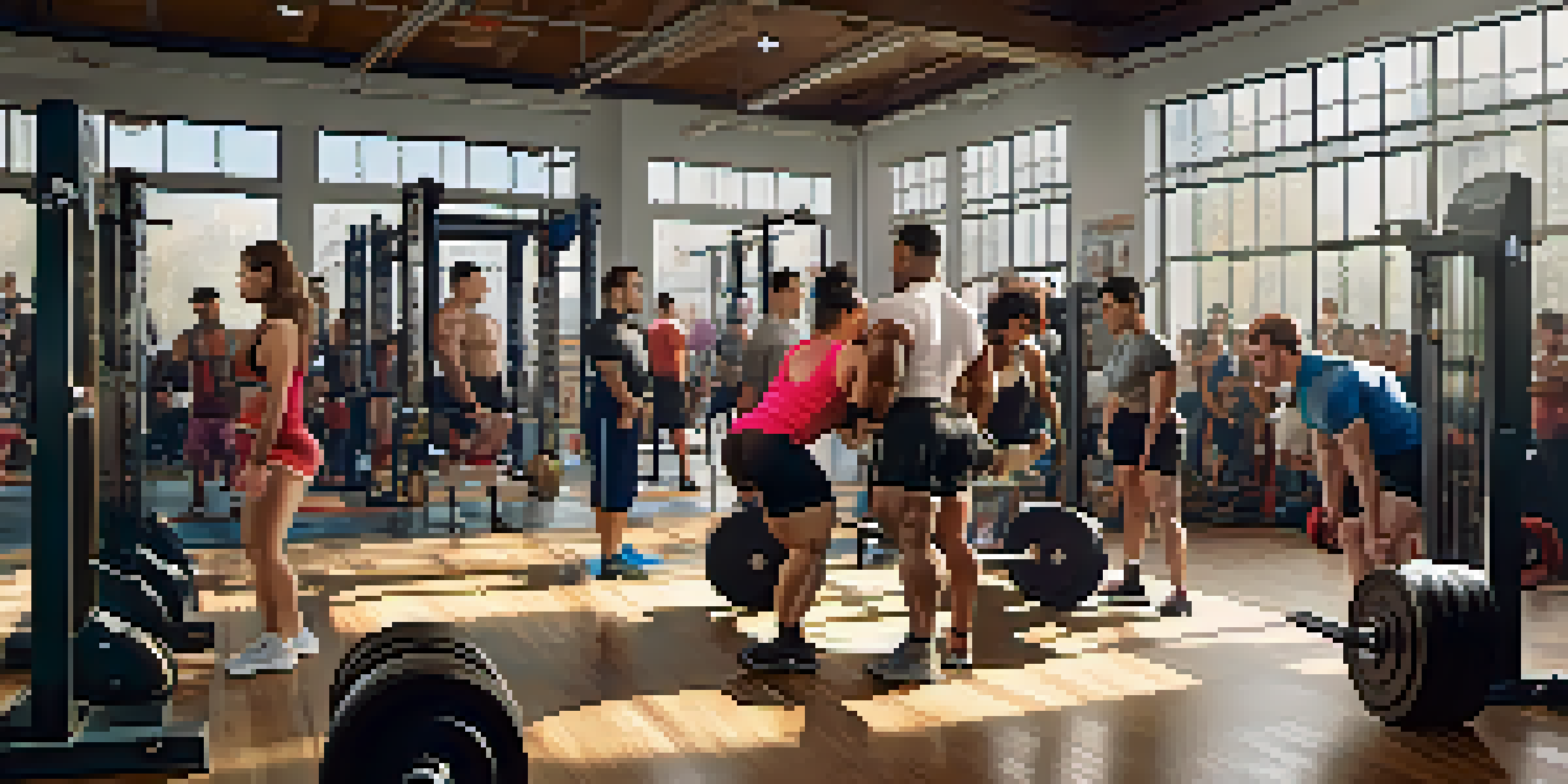 A diverse group of individuals in a powerlifting gym performing various lifts, surrounded by weights and motivational posters, with bright natural light illuminating the space.