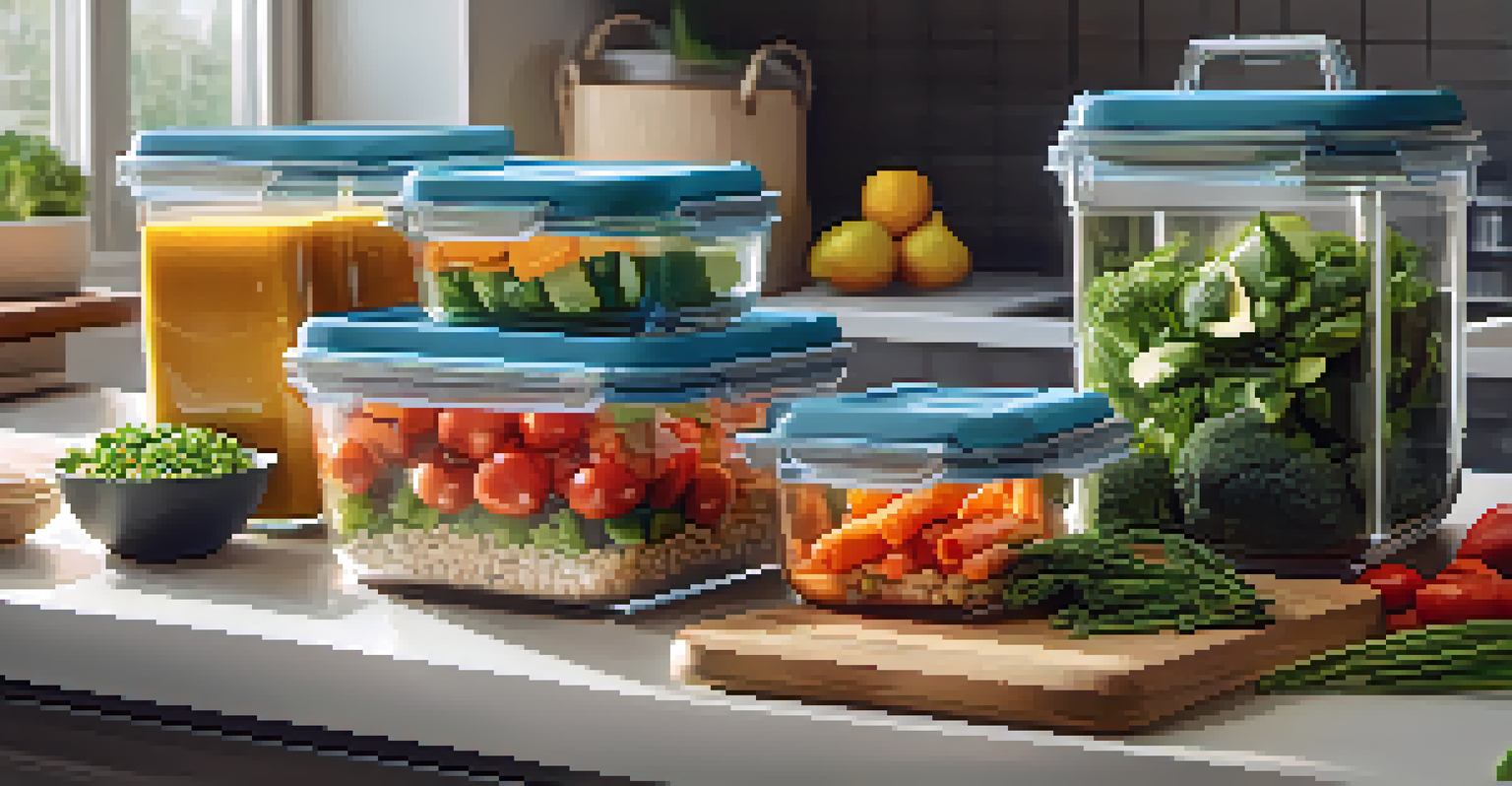 A close-up of a kitchen counter with glass containers filled with colorful, seasonal vegetables and grains, surrounded by eco-friendly items.