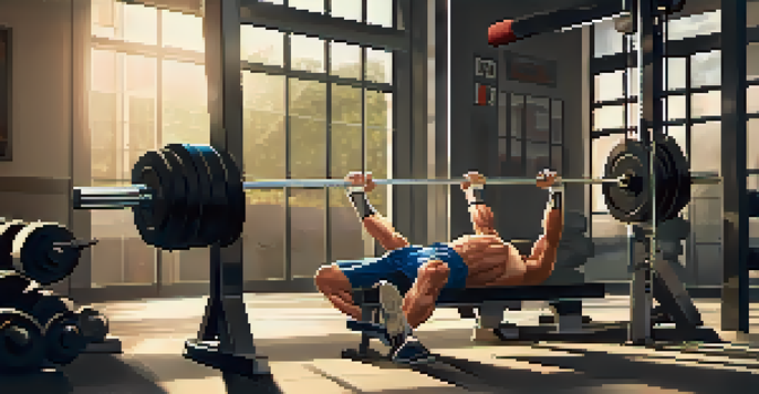 A fitness enthusiast performing a bench press in a well-equipped gym, showcasing proper form with a barbell and weights.