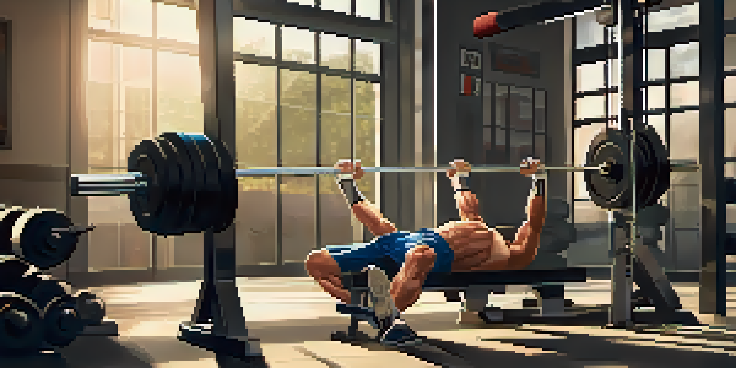 A fitness enthusiast performing a bench press in a well-equipped gym, showcasing proper form with a barbell and weights.