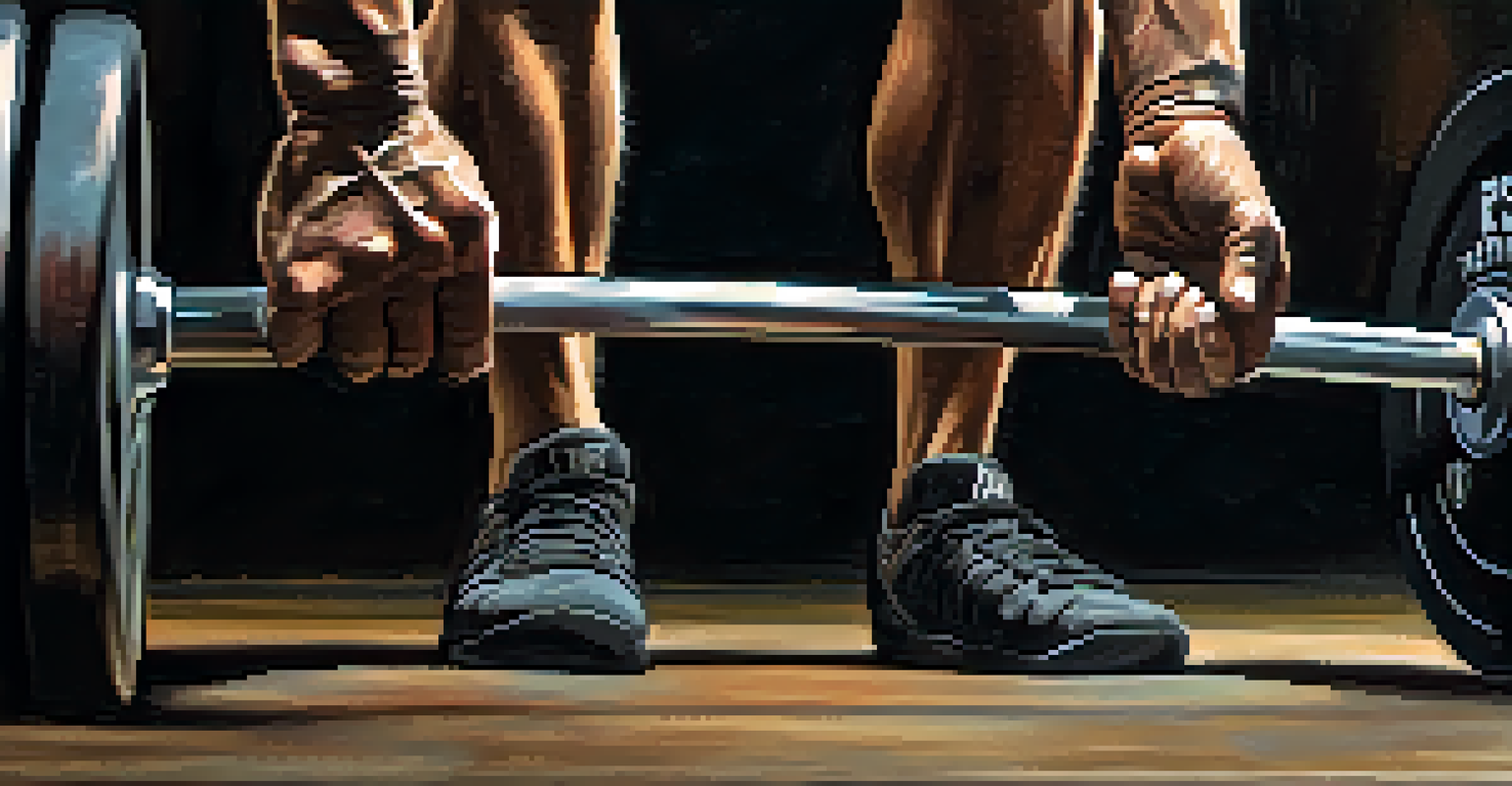 A close-up of a powerlifter's hands gripping a barbell during a deadlift, with chalk on the hands.