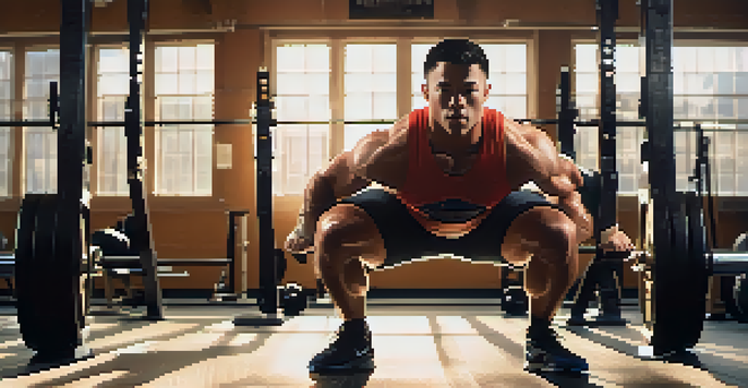 A powerlifter squatting with correct form in a bright gym setting, surrounded by gym equipment and posters.