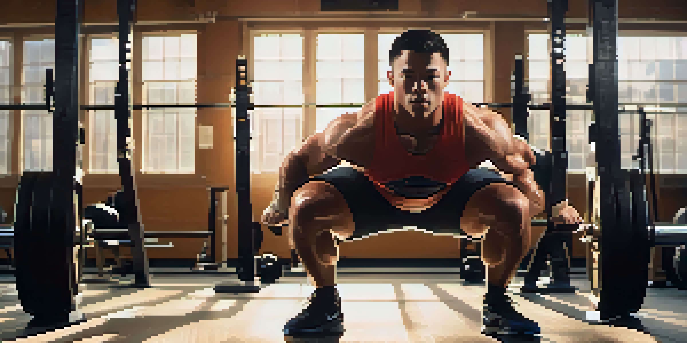 A powerlifter squatting with correct form in a bright gym setting, surrounded by gym equipment and posters.