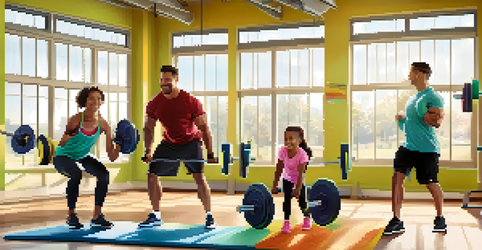 A family lifting weights together in a gym, smiling and encouraging each other.