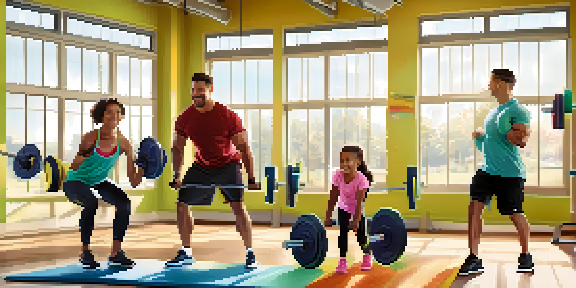 A family lifting weights together in a gym, smiling and encouraging each other.