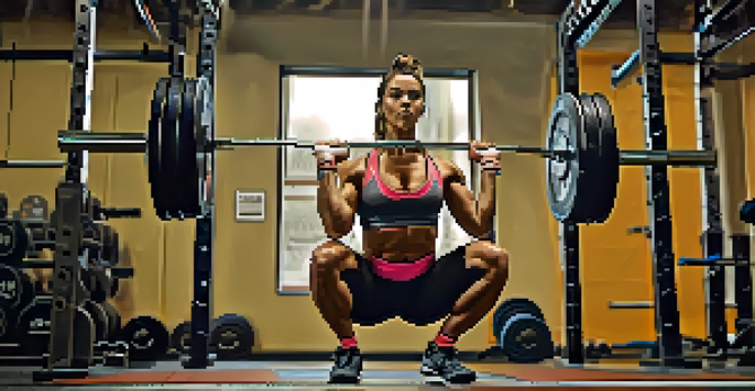 A powerlifter squatting with a safety squat bar, demonstrating proper form and concentration in a well-lit gym environment.