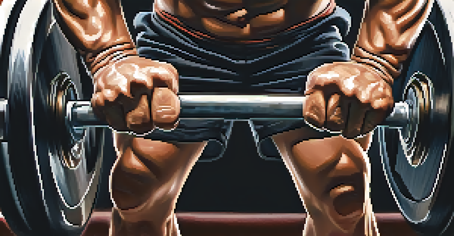 A close-up of a powerlifter's hands gripping a barbell, showcasing strength and focus.