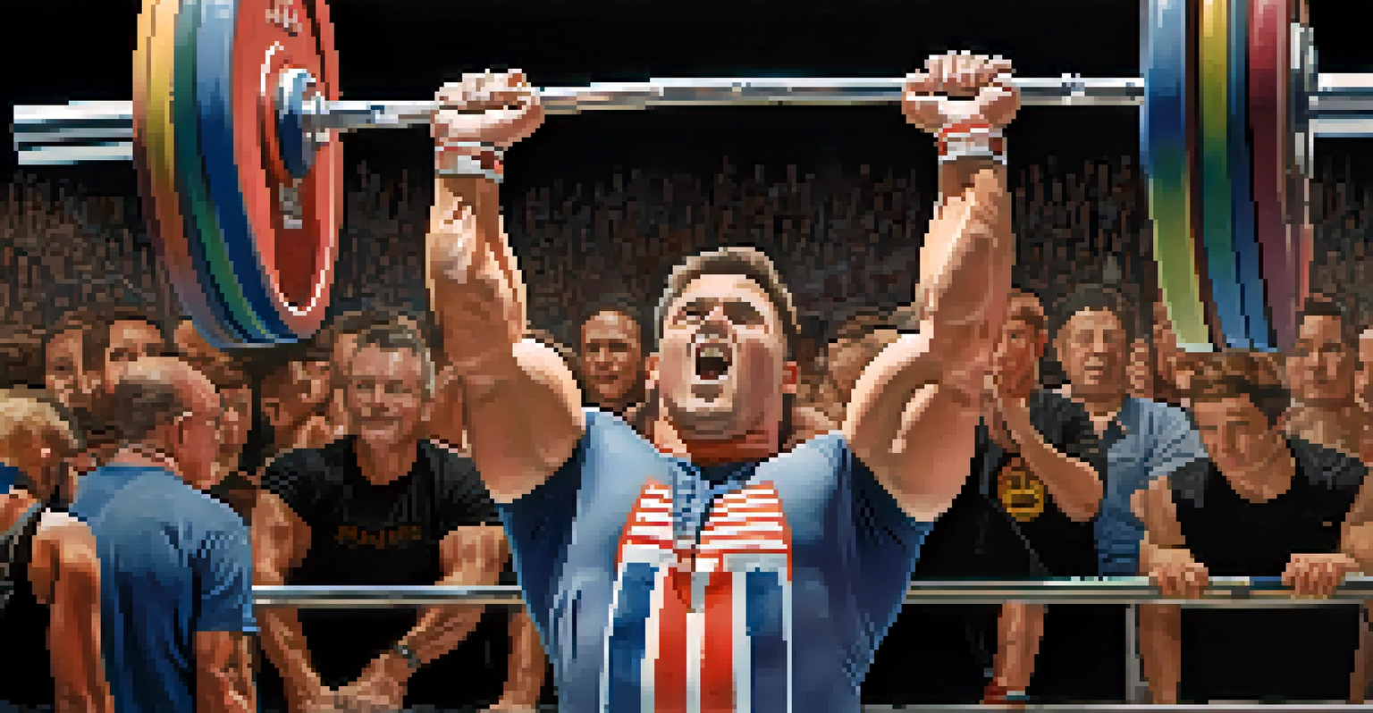 Close-up of a powerlifter's chalked hands gripping a barbell, with blurred supporters cheering in the background.