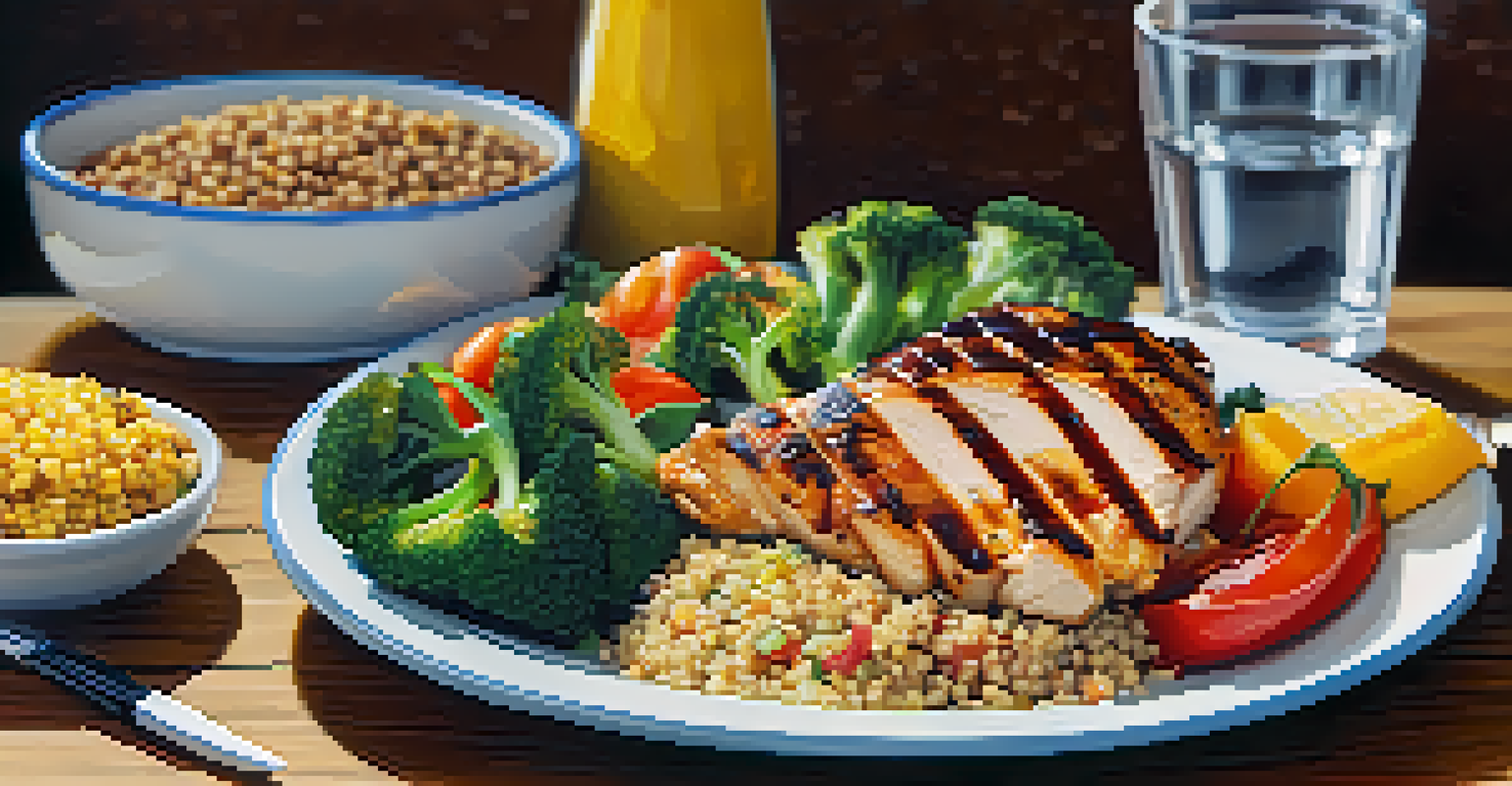 A close-up of a nutritious meal with grilled chicken, quinoa, and vegetables on a wooden table, highlighting the importance of nutrition in powerlifting.