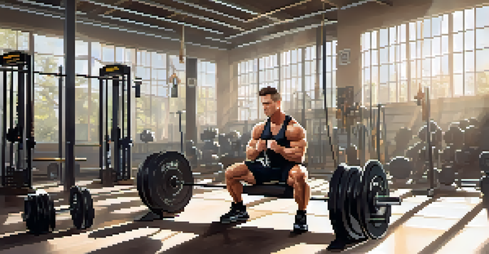 A weightlifter seated on a bench in a bright gym, checking a stopwatch and surrounded by weights.