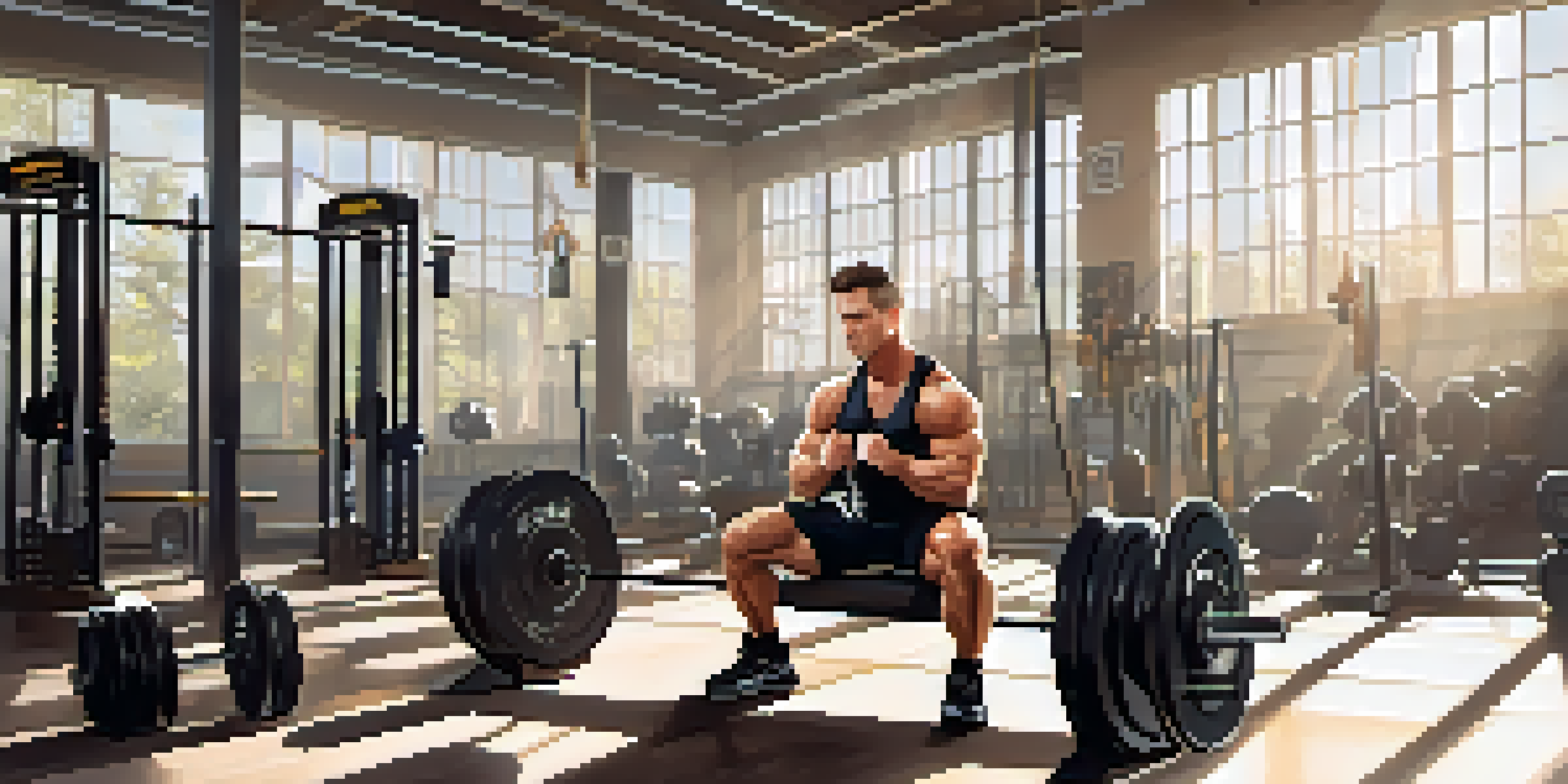 A weightlifter seated on a bench in a bright gym, checking a stopwatch and surrounded by weights.
