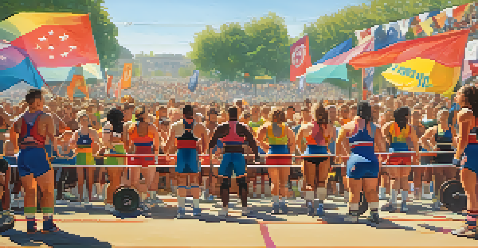 Transgender athletes competing at an outdoor powerlifting event, with spectators cheering and colorful banners in the background.