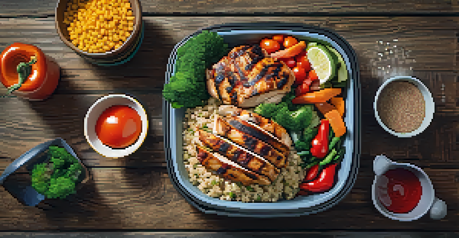 A colorful plate of grilled chicken, quinoa, and fresh vegetables on a wooden table, emphasizing healthy meal prep.