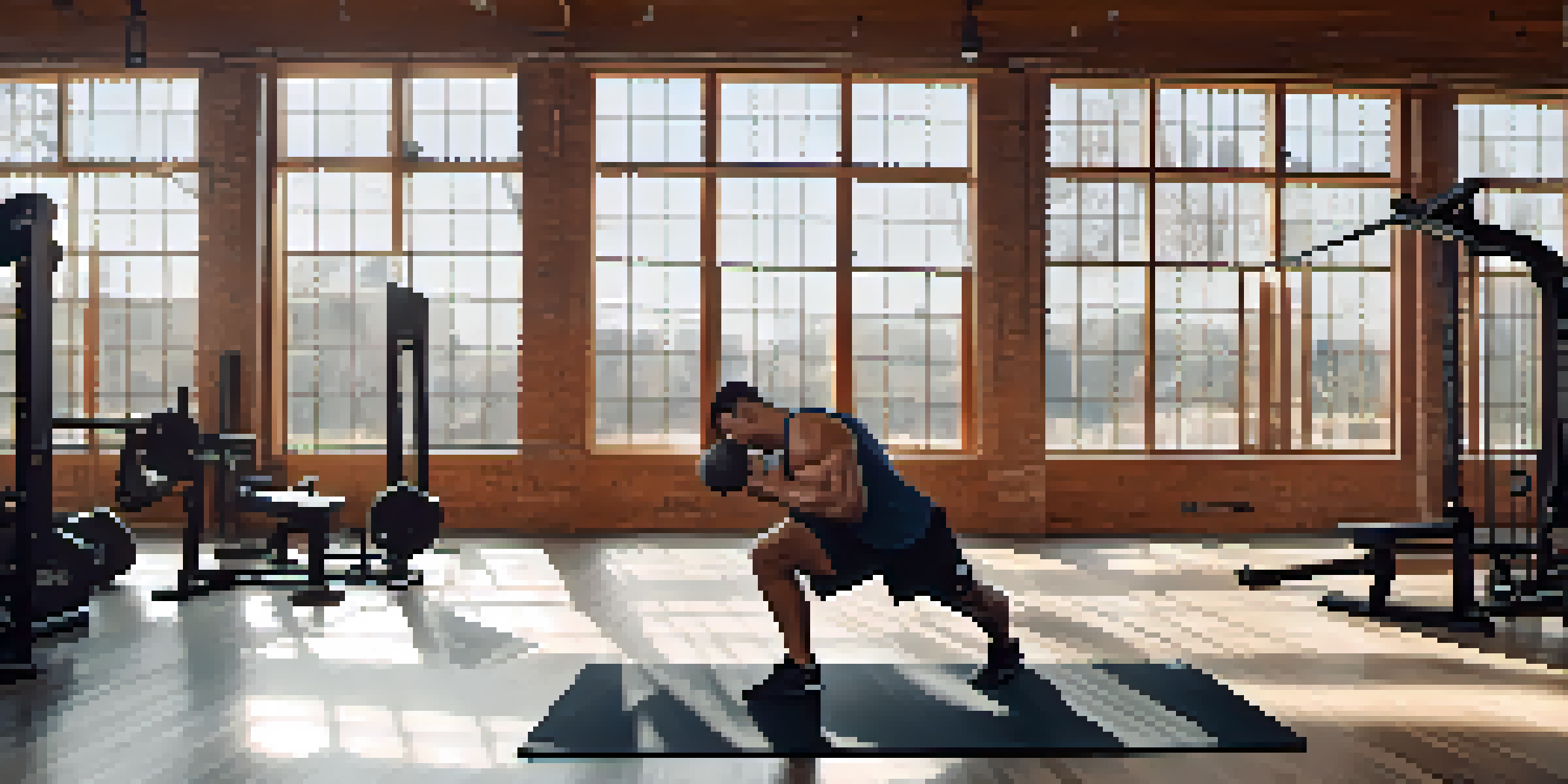 A powerlifter in a gym performing static stretching on a mat, surrounded by gym equipment and motivational posters.