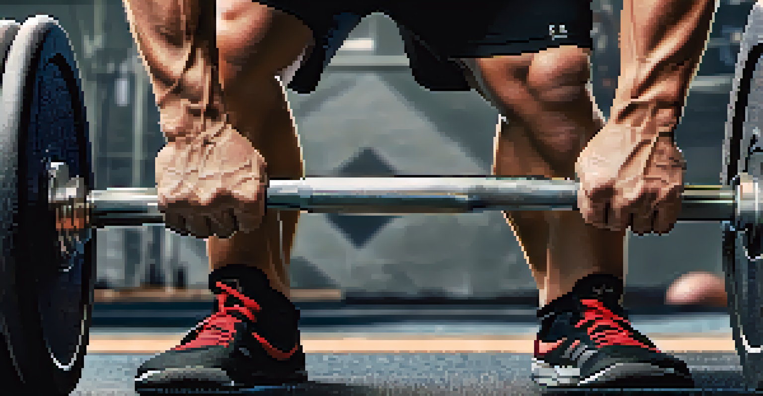 A close-up of hands gripping a barbell, highlighting the textured grip and chalk dust, with a blurred gym background.
