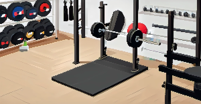 An overhead view of a powerlifting workout setup with a squat rack, weights, and accessories in a clean environment.