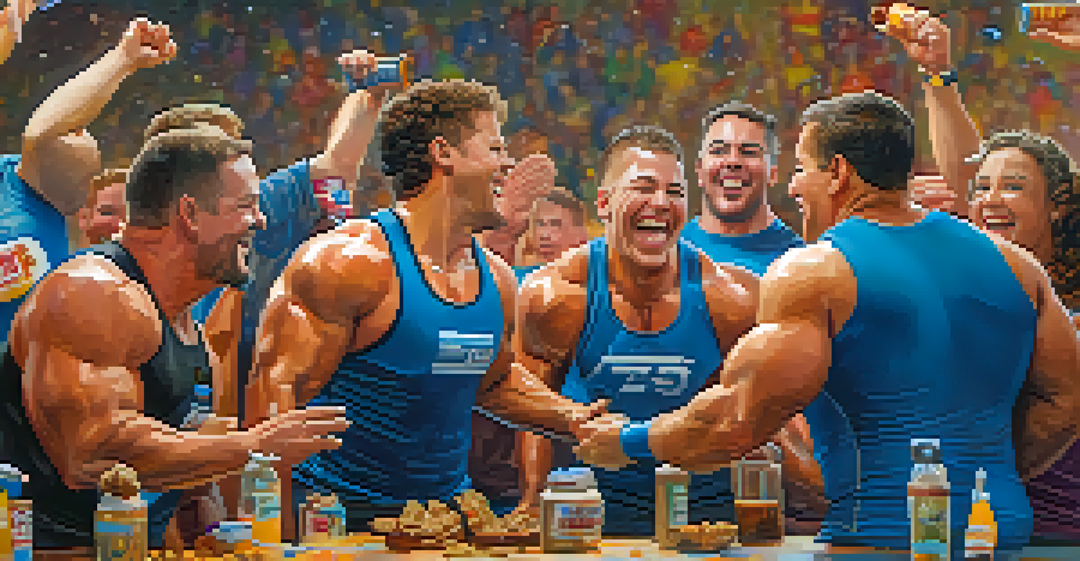 A group of powerlifters celebrating after a competition, sharing laughs and high-fives with medals and snacks around.