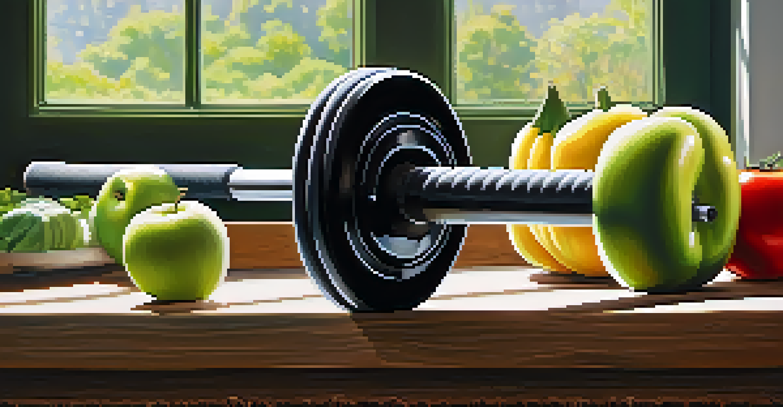 A close-up of a shiny powerlifting barbell on a wooden floor, surrounded by colorful organic fruits and vegetables.