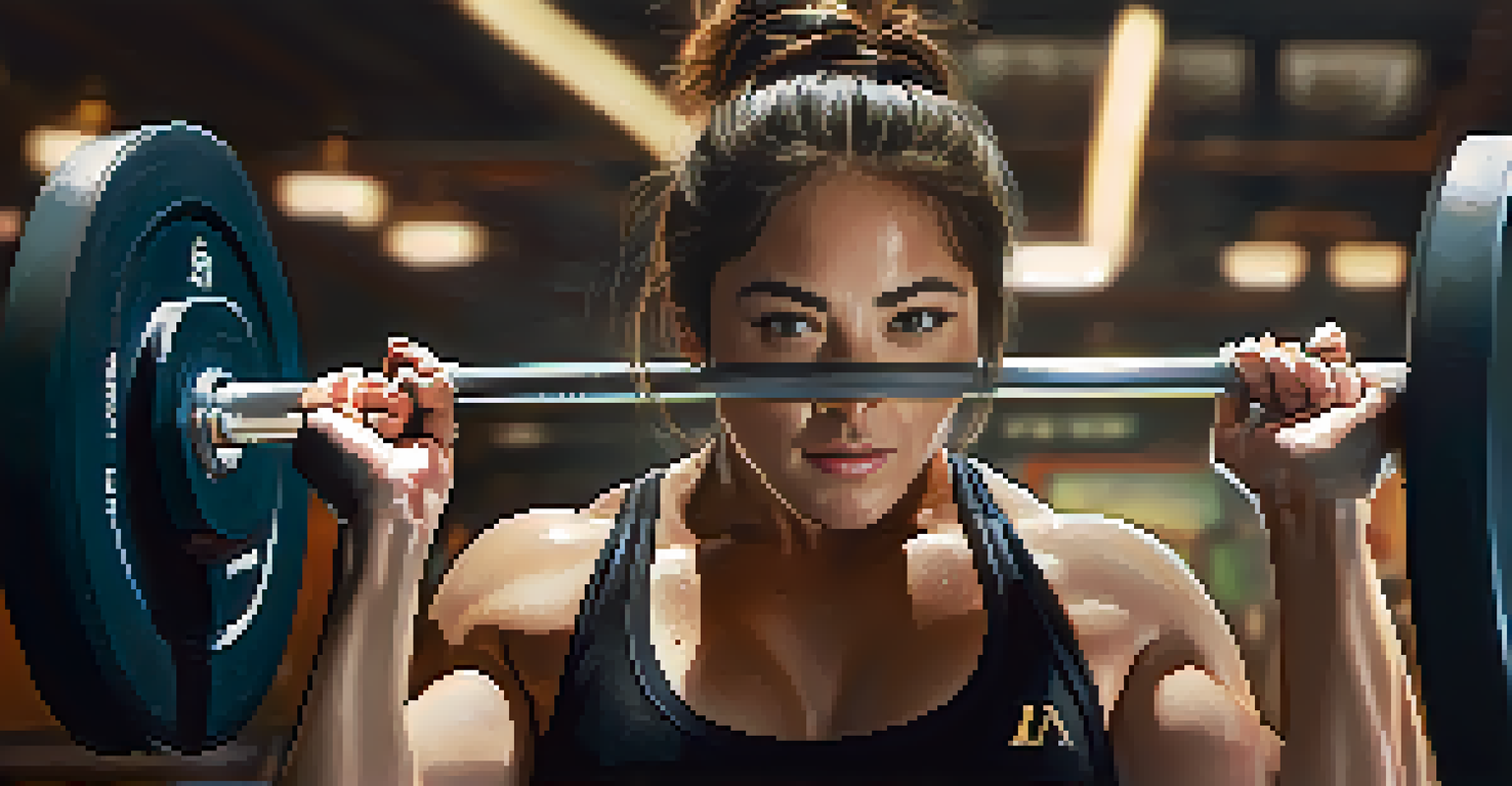 Close-up of a female powerlifter gripping a heavy barbell, showing determination and strength.