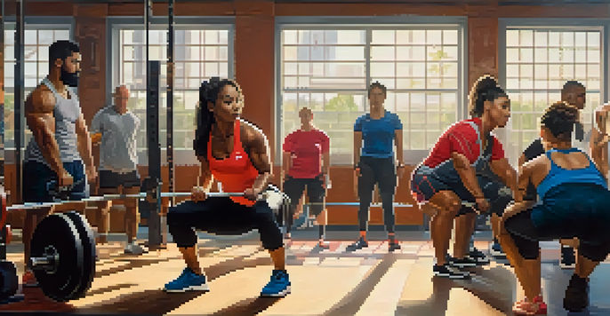 A diverse group of powerlifters in a gym, with a female athlete squatting and a coach providing support, surrounded by weights and lifting equipment.