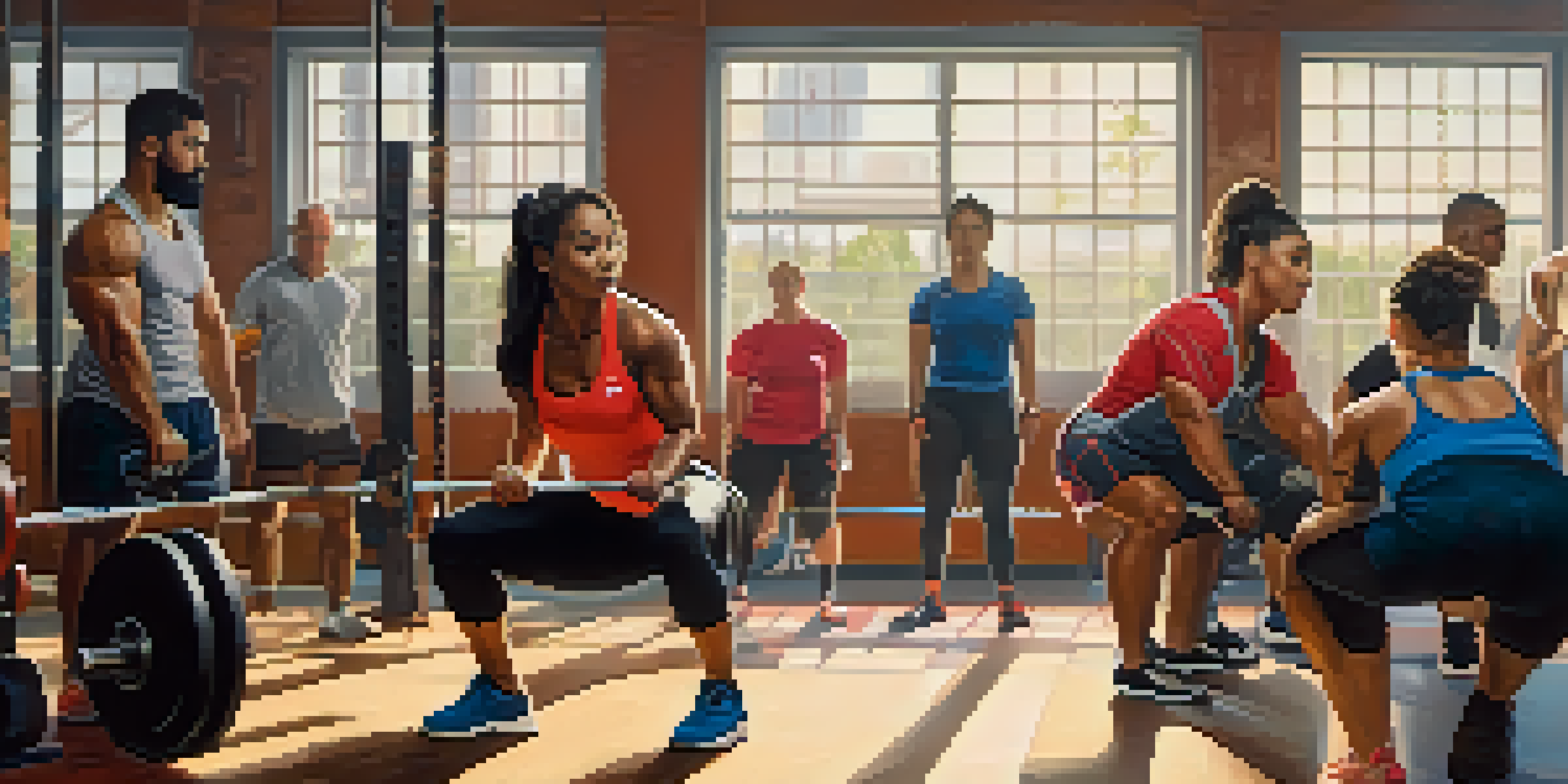A diverse group of powerlifters in a gym, with a female athlete squatting and a coach providing support, surrounded by weights and lifting equipment.