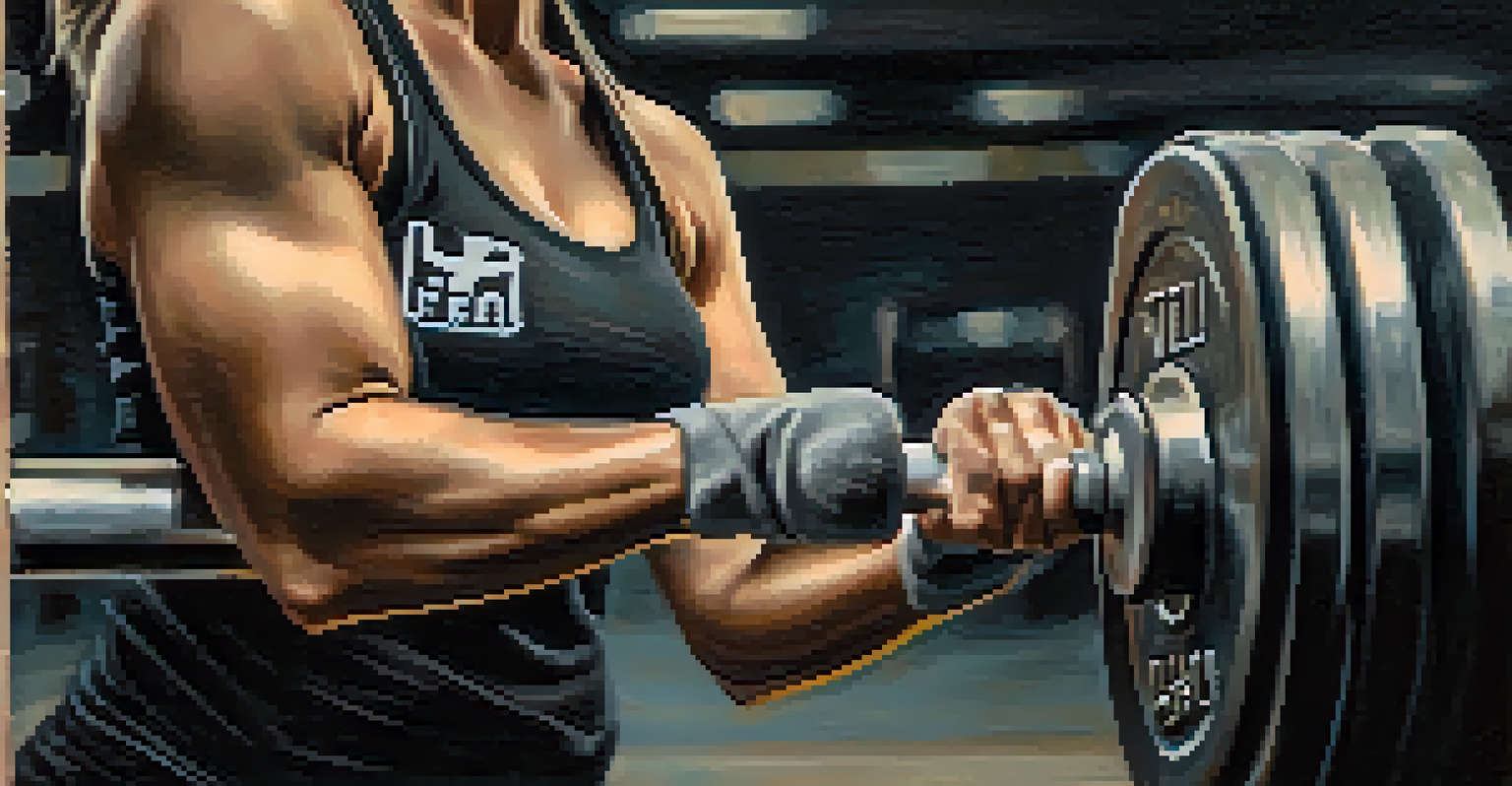 A close-up of a woman's hands gripping a barbell, showing chalk dust and focusing on the intensity of powerlifting.
