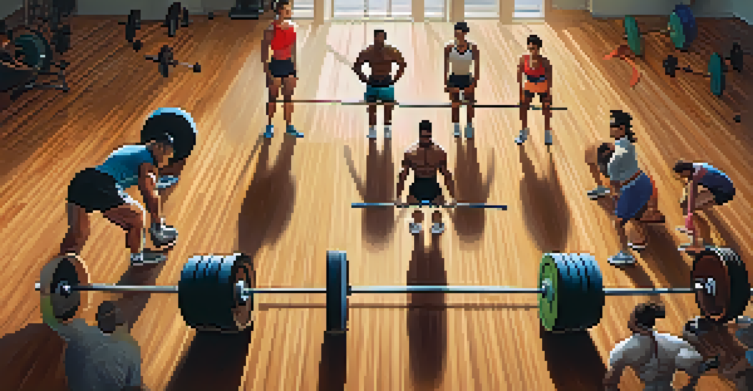 A diverse group of athletes practicing deadlifts together in a gym, emphasizing teamwork and fitness.