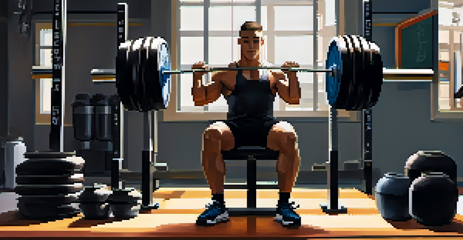 A powerlifting athlete sitting in a chair, wearing a lifting suit and socks, surrounded by hydration supplies and a journal, exuding a focused and calm demeanor.