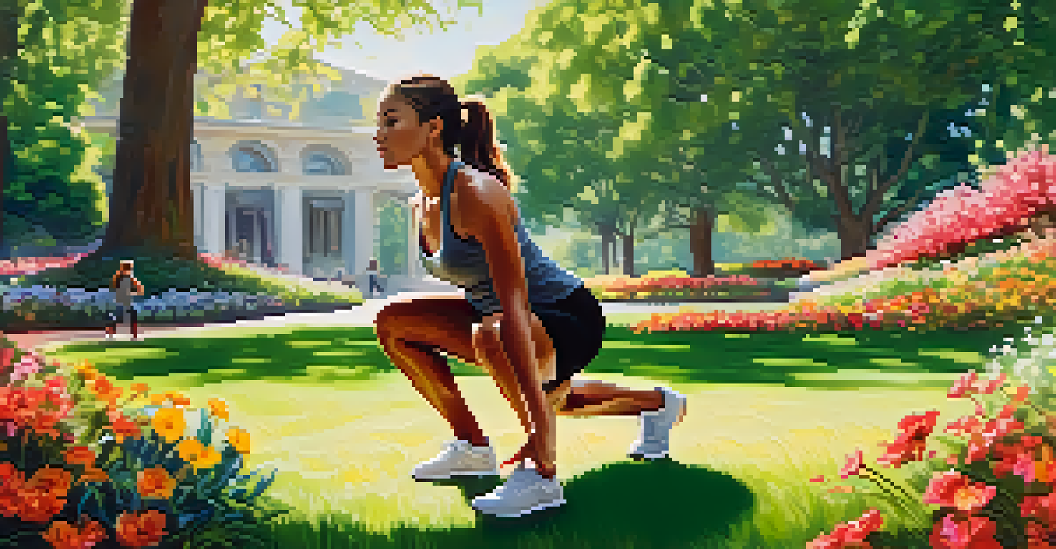 A person doing squats in a sunny park surrounded by greenery and flowers, showcasing an active lifestyle.