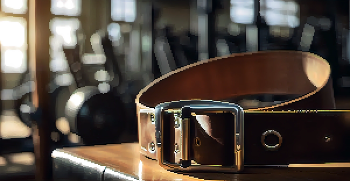 A powerlifting belt on a wooden gym bench with sunlight illuminating its texture, surrounded by blurred gym equipment.