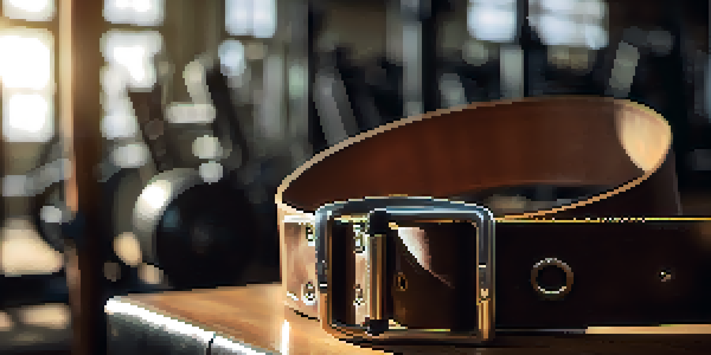 A powerlifting belt on a wooden gym bench with sunlight illuminating its texture, surrounded by blurred gym equipment.