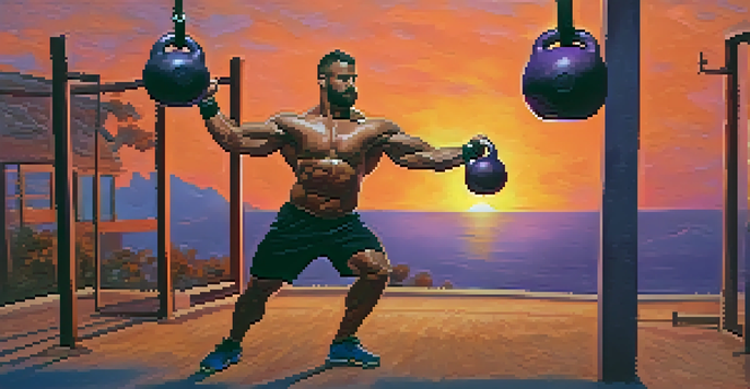 A powerlifter is swinging a kettlebell outdoors during a high-intensity workout, with a colorful sunset in the background.