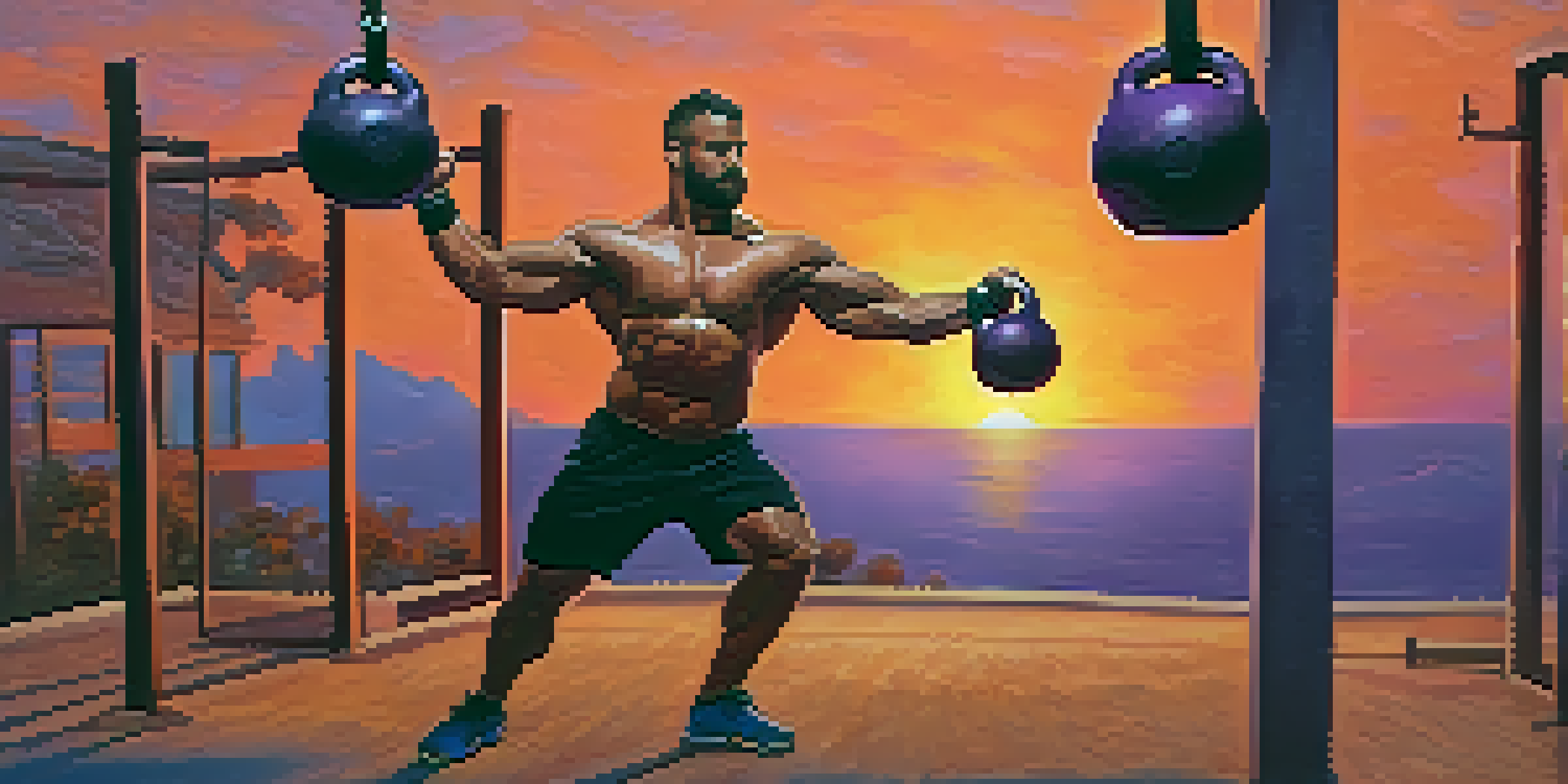A powerlifter is swinging a kettlebell outdoors during a high-intensity workout, with a colorful sunset in the background.