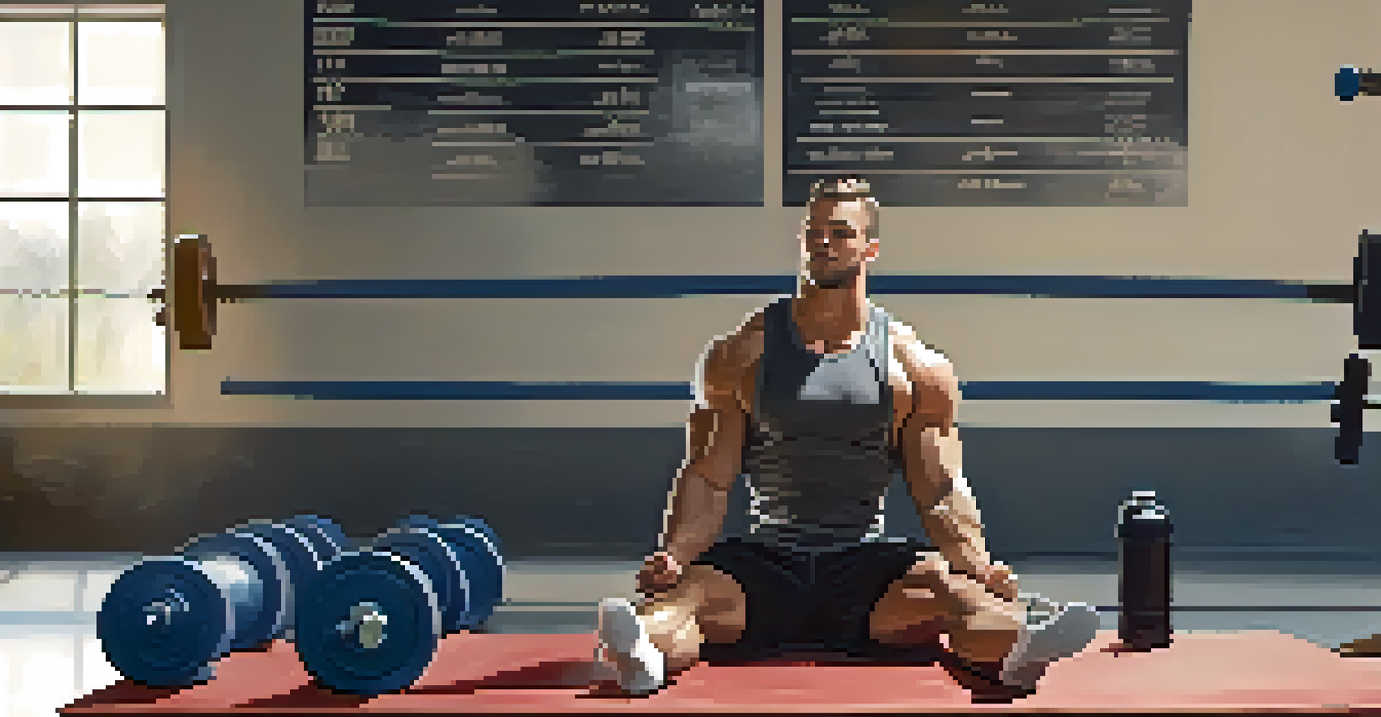 A weightlifter meditating on a gym mat, surrounded by a calming atmosphere with soft lighting and motivational quotes on the wall.