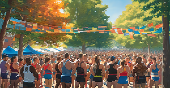 A lively outdoor gathering of diverse powerlifters, cheering each other on under sunlight, with colorful banners in the background.